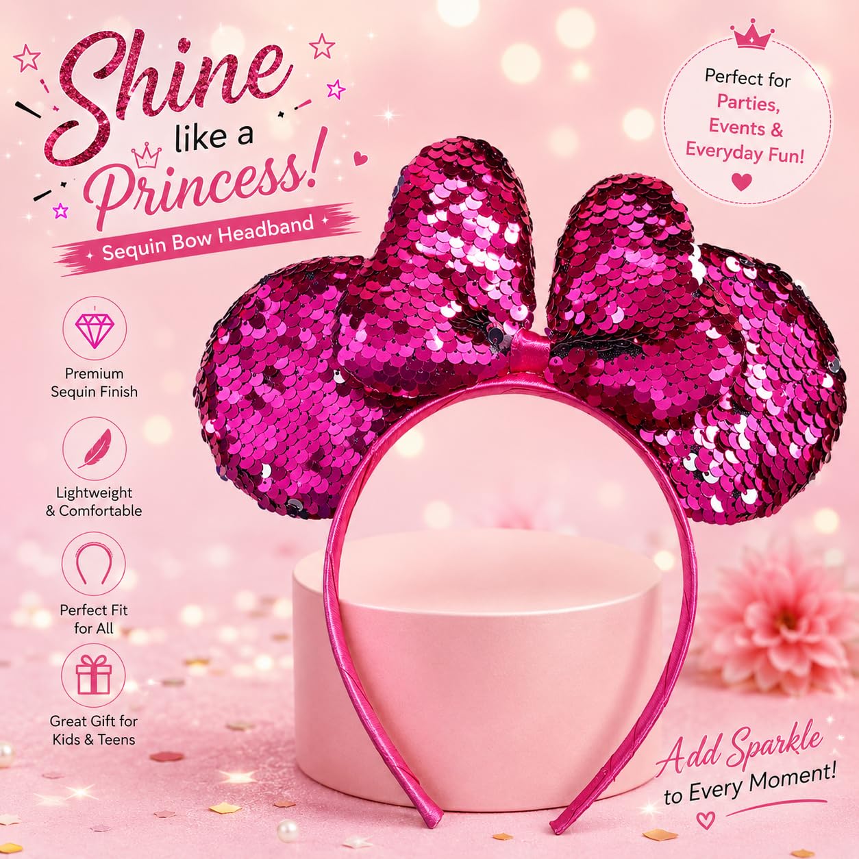 El Regalo Kids Sequin Mouse Ear Hairband with Bow for Girls | Cute Cartoon Mouse Headband | Glitter Party Hair Accessory | Fancy Dress Hair Band for Birthday, Theme Party, Halloween, Christmas & Photoshoot (Magenta)