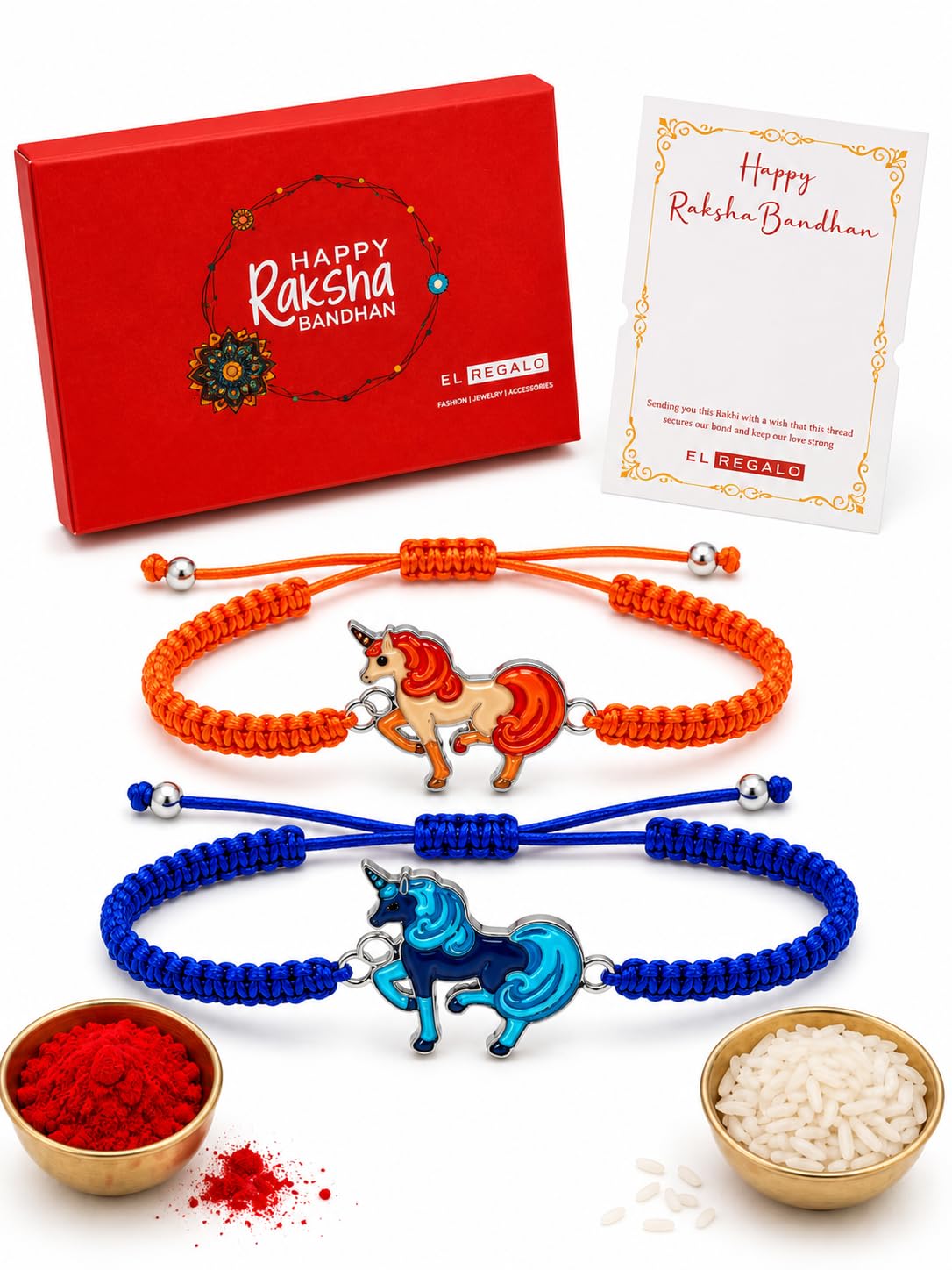 El Regalo 2 Unicorn Rakhis Gift Combo for Littler Brother/Kids beautiful Kids Rakhi Set with 2 Rakhis, shagun & Rakhi Message Card in Gift Box for Brother/Sister/Niece and Nephew (Option-5)