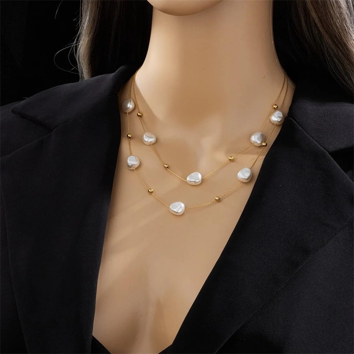El Regalo Stainless Steel 2in1 Large Pearl Double Layered Pendant Necklace For Girls & Women- Anti Tarnish Pearls Layered Necklace