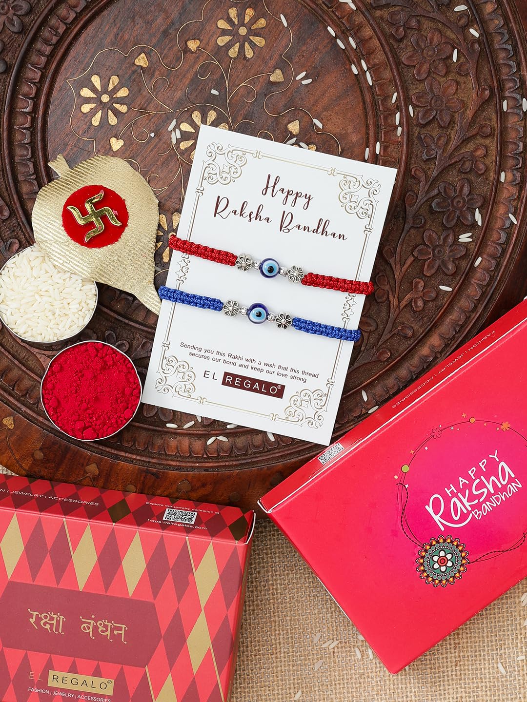El Regalo 2PCs Cute Evil Eye Bracelet Rakhi Combo for Brothers/Bhai-Bhabhi- Fancy Evil Eye Rakhi with Roli Chawal in Rakshabandhan Gift Box (Blue & Red Flower Evil Eye)