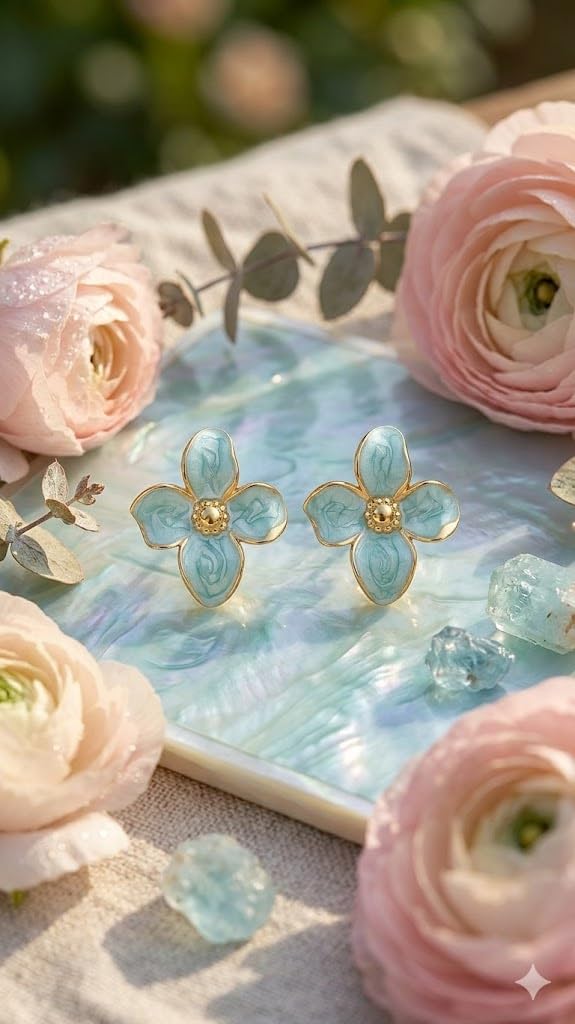 El Regalo Luxurious Oil Drip Flower Stud Earrings for Women & Girls | Stainless Steel Floral Studs | Anti-Tarnish, Skin Friendly Enamel Jewelry | Gift for Her (Floral Collection) (Teel Green - Gold)