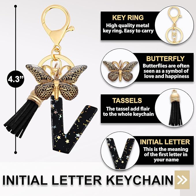 El Regalo Personalized Name Initials Butterfly Charm Keychain - Name Letter Keyring with Black & Golden Tassel & Butterfly Pendant, Purse, Bag, Backpack Accessory (V Letter)