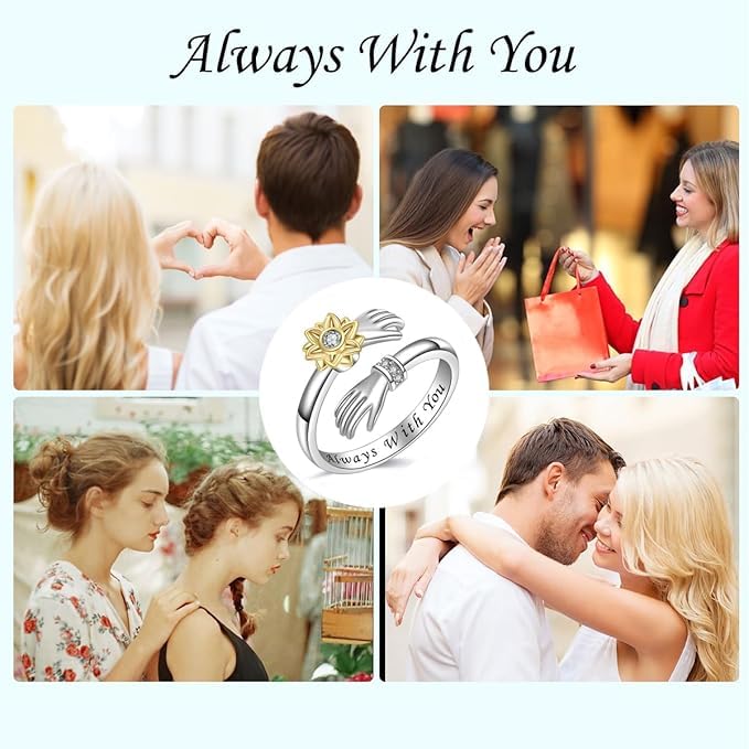 El Regalo Spinner Sunflower Zirconia Hug Ring- Adjustable 360 degrees Rotating Hugging Hands Ring for Girls/Women (Always With You)