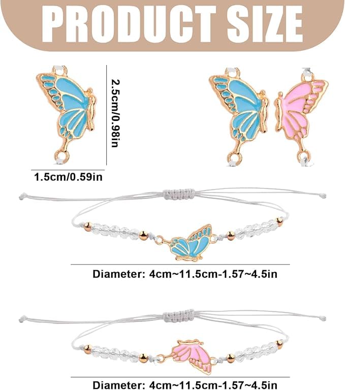 El Regalo 2PCs Butterfly Friendship Bracelets Set for Girls - Adjustable Handmade BFF Strand Bracelets for Best Friends - Symbolic Matching Jewelry for Birthday, Christmas, Graduation, Anniversary (White)