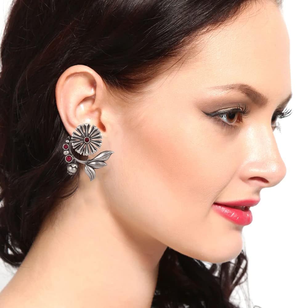 El Regalo Oxidized Brass Earrings for Women - Silver Lookalike/Silver Replica Floral Leaves Stones Statement earrings for Girls & Women- Handmade Earrings (Red)