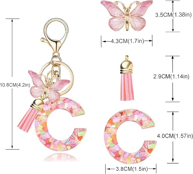 El Regalo Personalized Name Initials Butterfly Charm Keychain - Custom Letter Keyring with Pink Tassel & Butterfly Pendant, Purse, Bag, Backpack Accessory (C Letter)