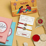 El Regalo 2PCs Red & Yellow Thread Bracelet Rakhi Combo Set for Brother- Auspicious OM, Ganesha, Shree, Trident, Damroo Mauli Rakhi with Roli Chawal Shagun, Message Card in Rakhi Gift Box (Option-1)