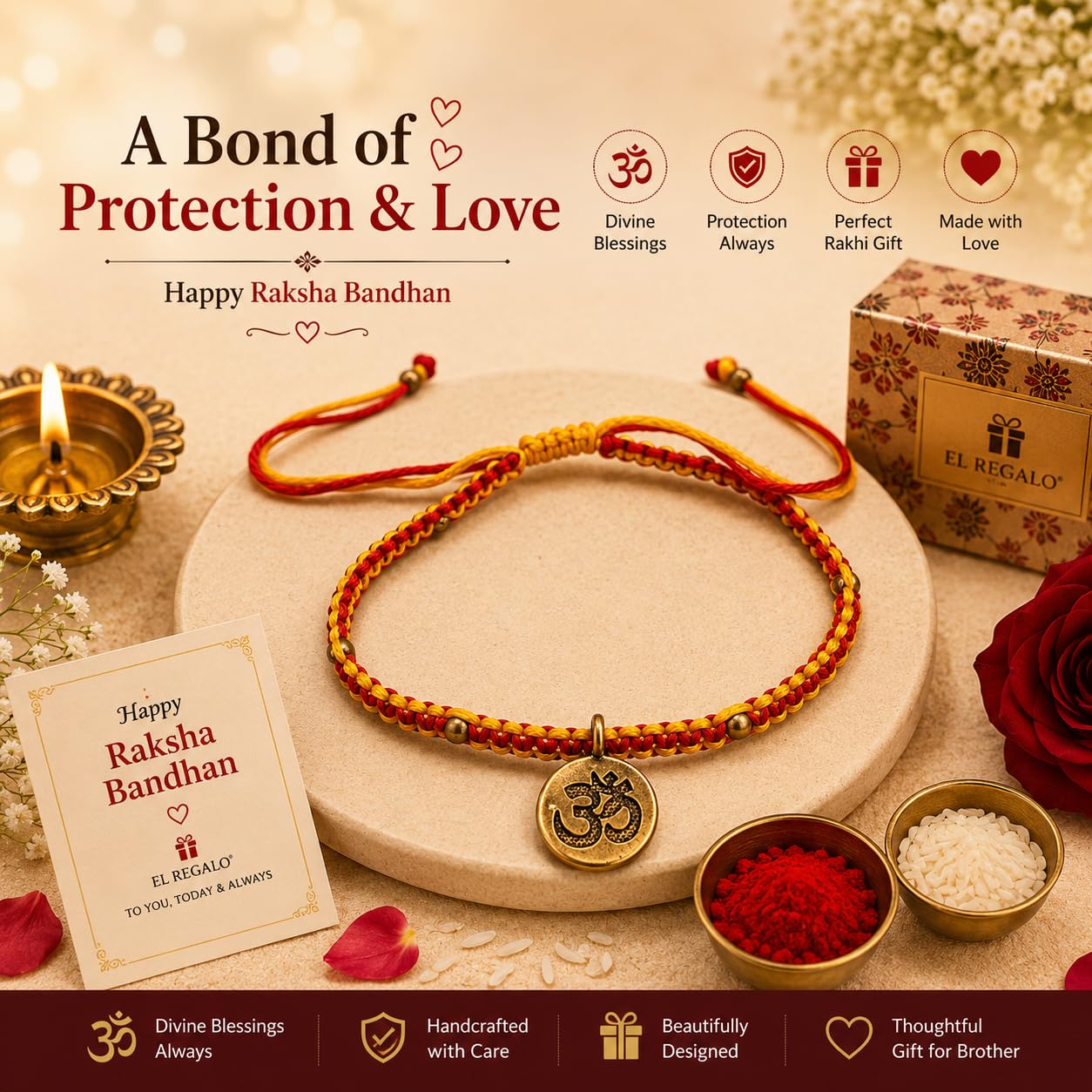 El Regalo OM Rakhi for Brother - Simple Yet Elegant AUM Bracelet Rakhi for Bhai/Bhaiya/Bhatija with Roli Chawal in Rakhi Gift Box