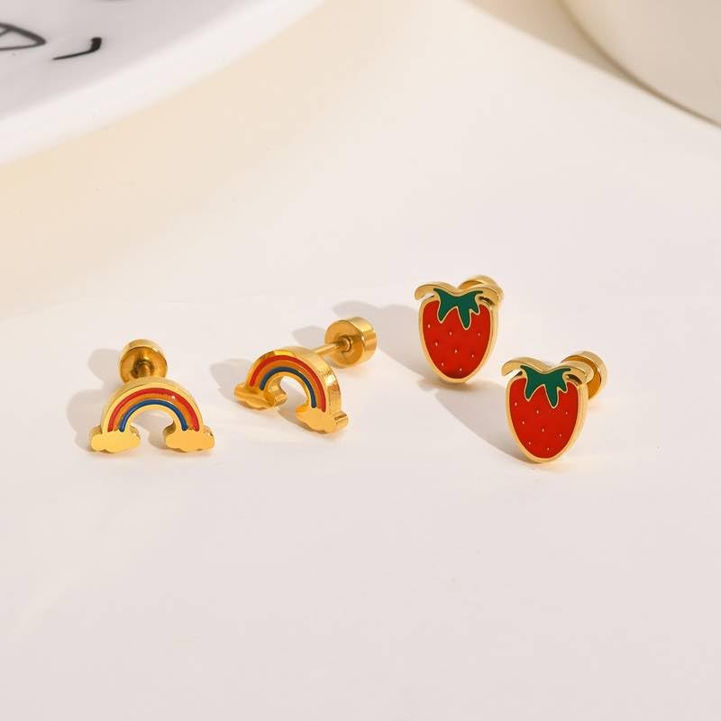 El Regalo 2 Pairs Waterproof Red Strawberry & Cloud Rainbow Stud Earrings for Women Teens Girls - Stainless Steel Hypoallergenic Dainty Small Piercing Earrings Search this page (Golden)