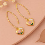 El Regalo Heart Hook Earrings for Girls & Women - Gold Drop Earrings with Pearl, Enamel Leaf & Pink Heart Charm | Cute Dangle Earrings
