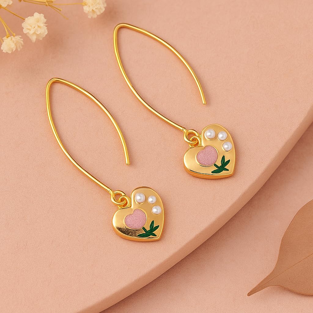 El Regalo Heart Hook Earrings for Girls & Women - Gold Drop Earrings with Pearl, Enamel Leaf & Pink Heart Charm | Cute Dangle Earrings