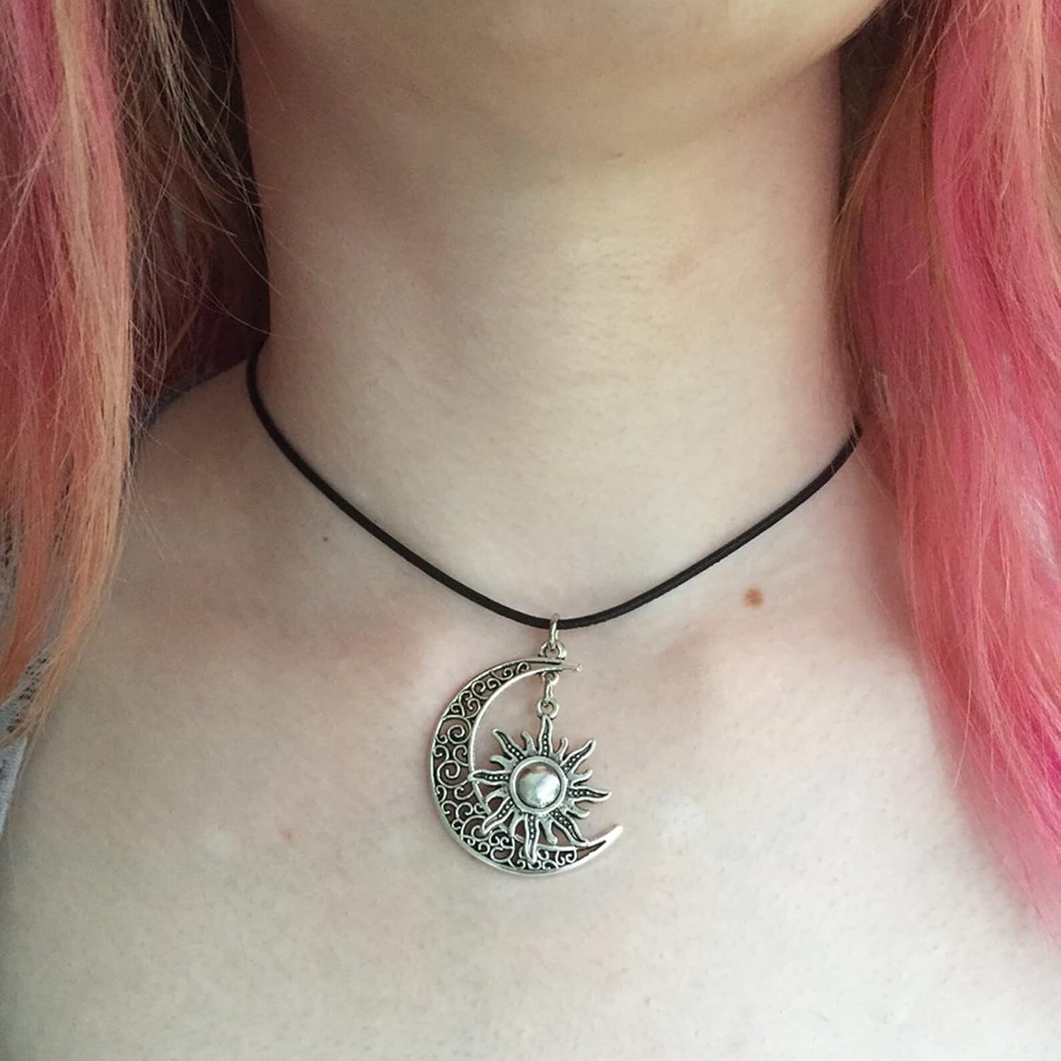 El Regalo Sun Crescent Moon Necklace- Vintage Gothic Sun Moon Pendant Neckalce for Women Girls Statement Jewelry Gifts (Crescent Moon Sun with Cord)