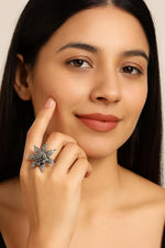 El Regalo Adjustable Oxidized Silver Floral Statement Ring for Women & Girls - Antique Traditional Finger Ring with Ghungroo Charm - Boho Ethnic Jewellery