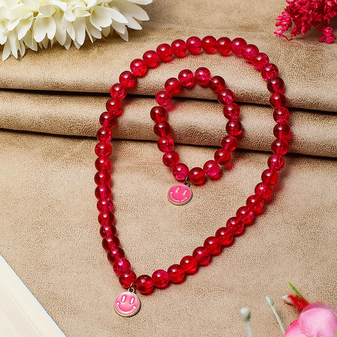 El Regalo 2 PCs Shiny Crackled Beads Kids Girls Necklace & Bracelet Jewelry Sets - Cute Kids Charms Jewelry with Sparkly Beads for Kids/Toddlers Girls (Smily Jewelry Set)