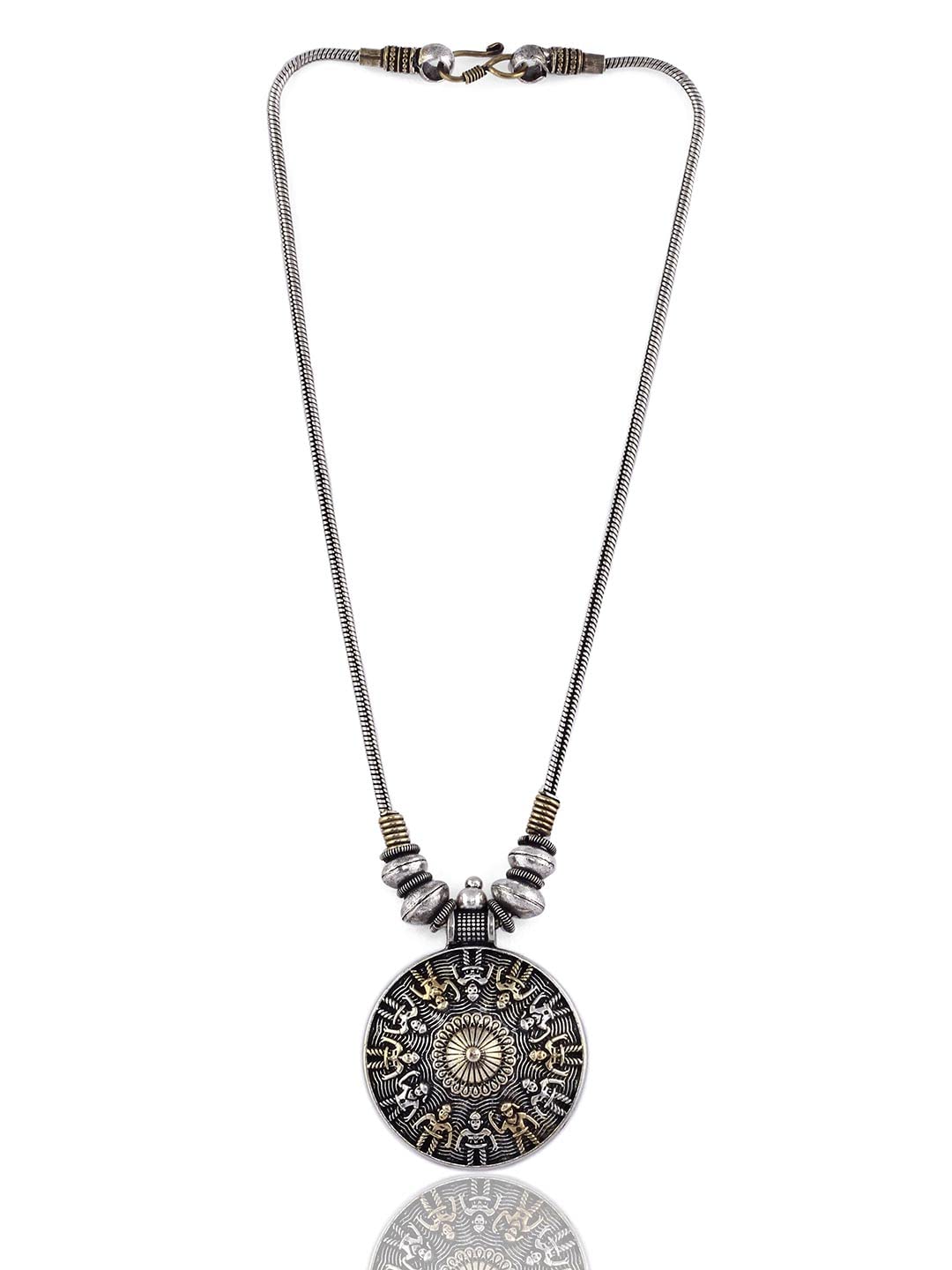 El Regalo Dual Tone German Silver Tibetan Pendant Necklace for Girls & Women | Tribal Tibetan Indo Western Pendant Necklace in Oxidized German Silver
