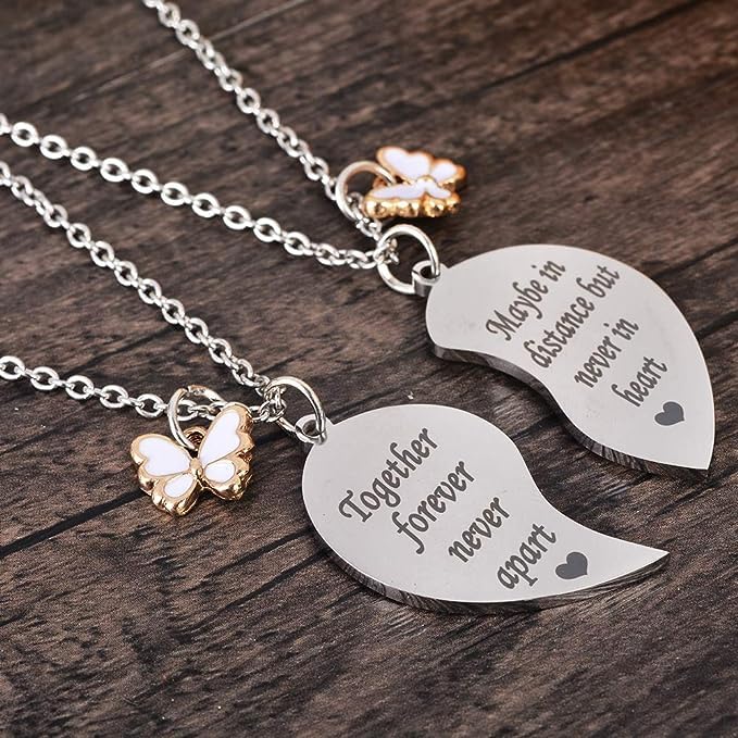 El Regalo Bff Necklace For 2-Split Heart Together Forever, Never Apart Best Friends Butterfly Pendant Friendship pattern Set Of 2 Gifts For Bestie, Best Friends For Girls