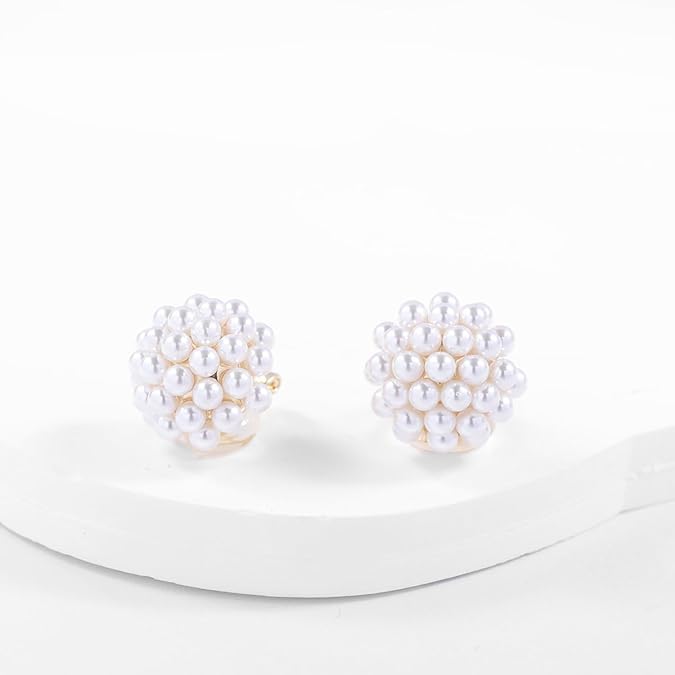 El Regalo Clip-On Pearl Earrings for Women - Vintage Style Non-Pierced Elegant Stud Earrings with Simulated Pearl Cluster - Comfortable & Secure Fake Earrings