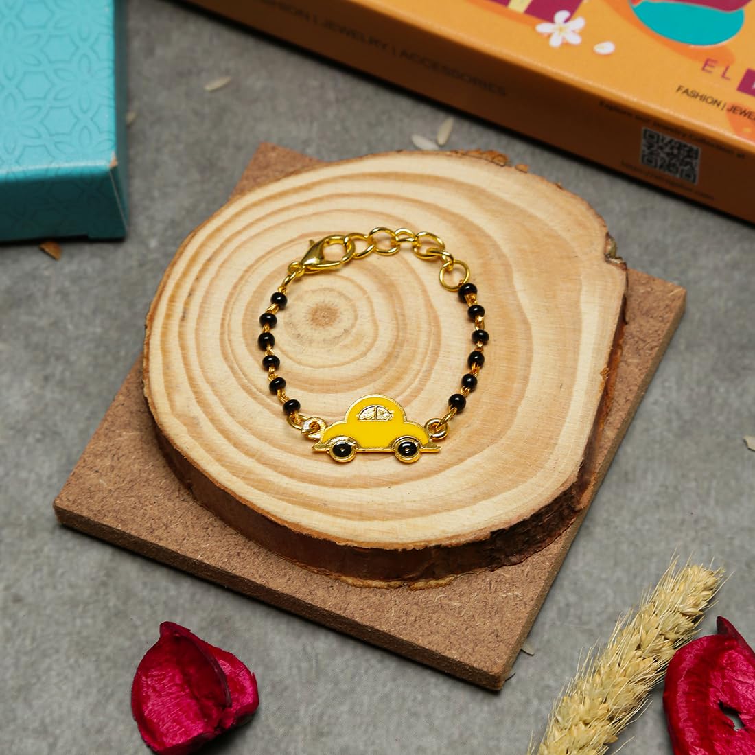 El Regalo 1PC Cute Kids Nazaria Rakhi for Little Brother - Kids Chrams Nazaria Rakhis for Babies/Toddlers with Roli Chawal, Rakhi Message Card in Rakhi Gift Box (Yellow Car Nazaria)