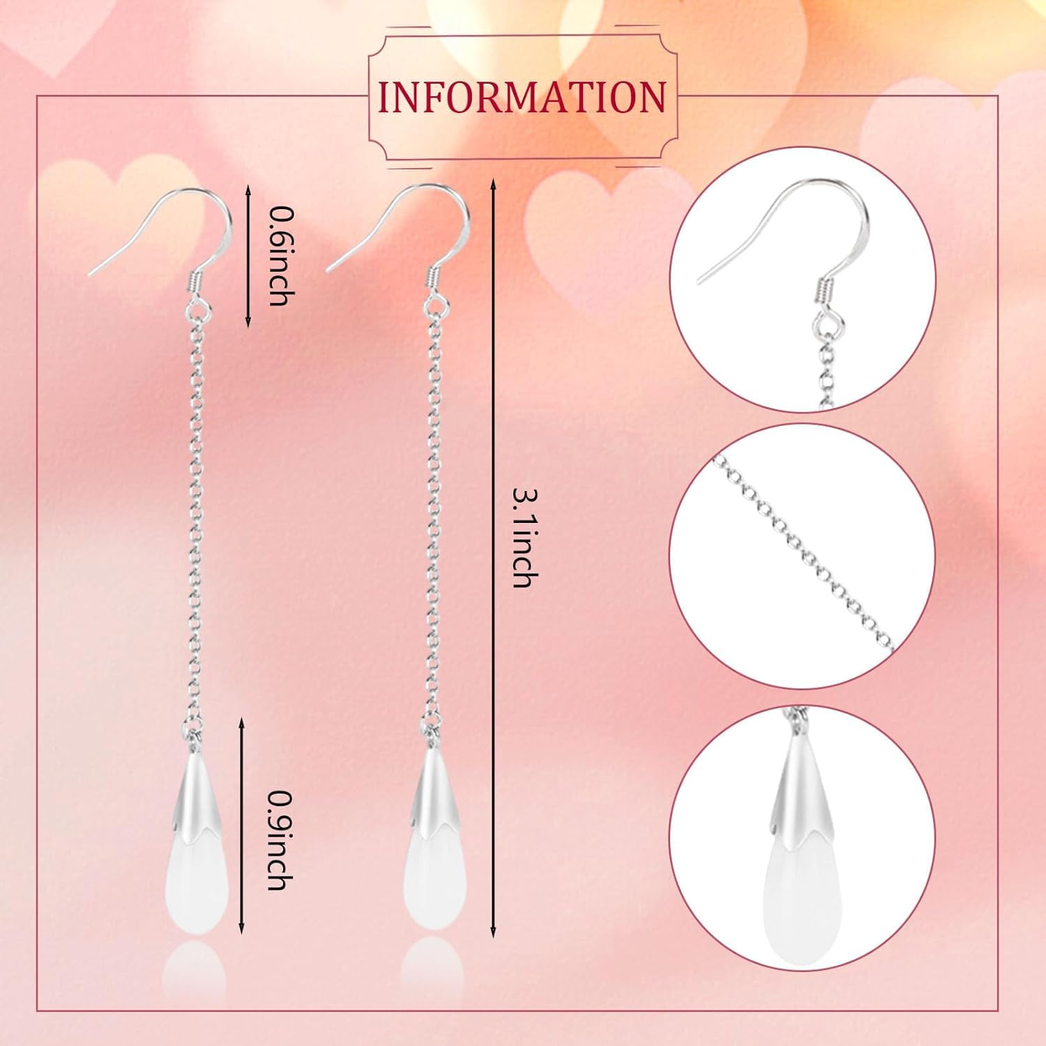 El Regalo Long Opal Liner Droplet Chain Dangle Threader Hook Earrings for Women - Silver Plated, Minimalist Tassel Design, Elegant Earrings (Natural White)