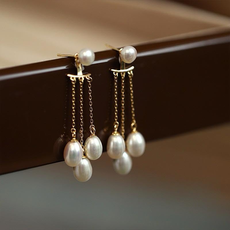 El Regalo Luxury Pearl Drop Tassel Front Back Earrings for Women - Gold Plated Multi-Pearl Dangle Ear Jacket Studs - Elegant White Vintage Earrings