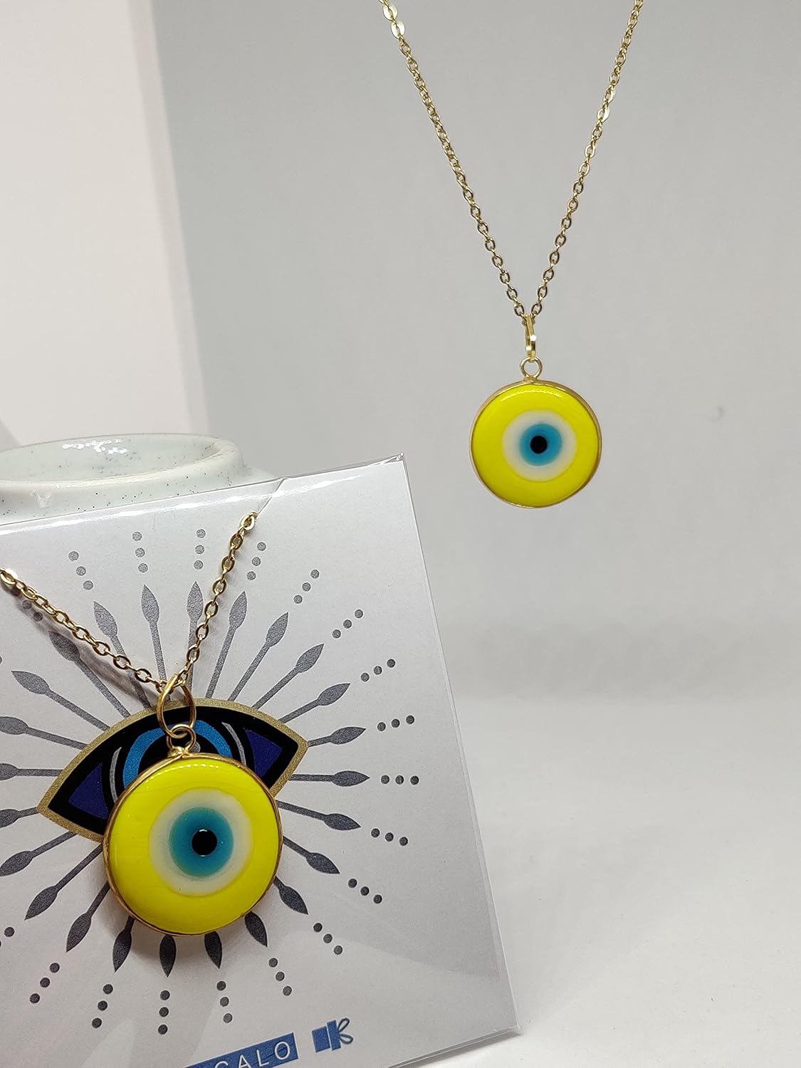 El Regalo Big Evil Eye Handmade Glass Lamp work Unisex Pendant Necklace for Men, Women, Girls & Boys | Evil Eye Pendant Necklace (Yellow Golden)