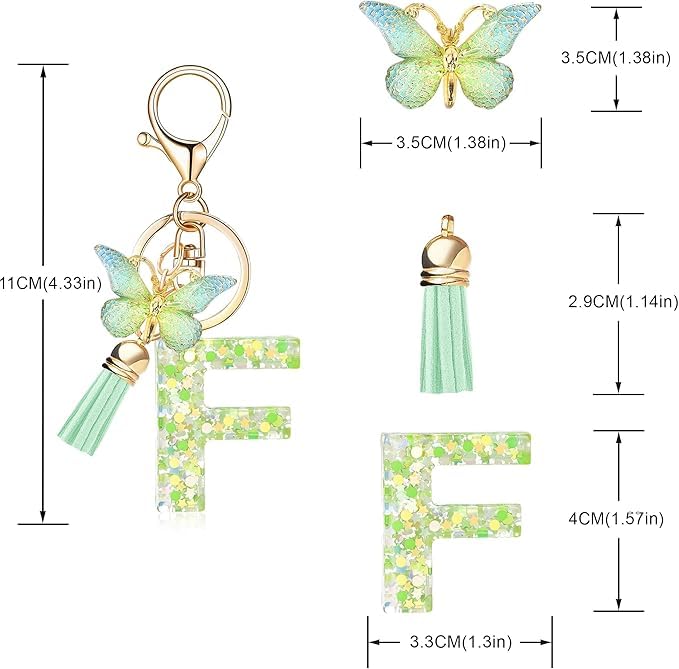 El Regalo Personalized Name Initials Butterfly Charm Keychain - Name Letters Keyring with Green Butterfly & Stars Filled Resin & Tassel Pendant, Purse, Bag, Backpack Accessory (Letter F)