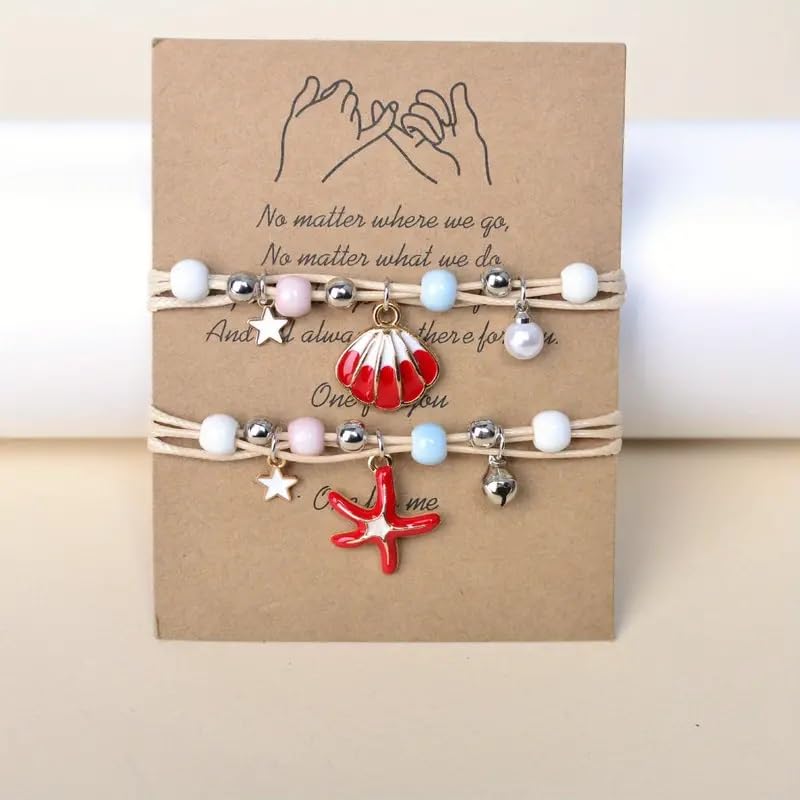El Regalo 2PCs Shell Pearl & Star Fish Charms Bracelets Set for Girls & Women- Bright & Colorful Unique Handmade Beach Theme Bracelets Set (Red)