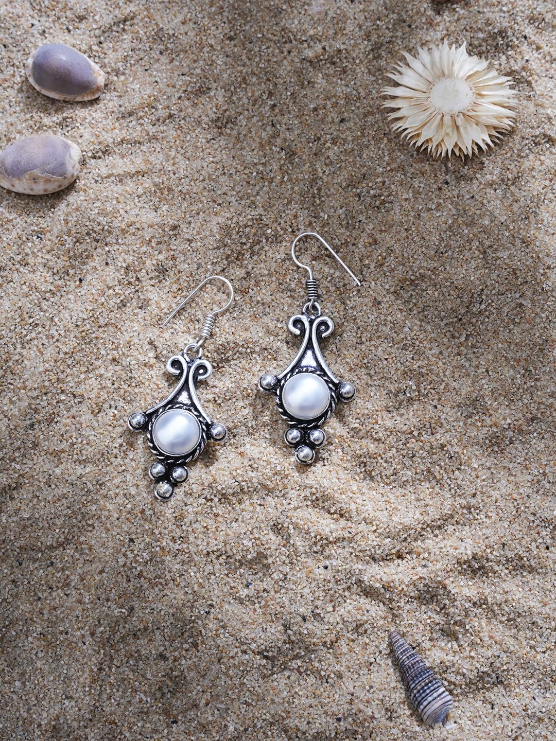 El Regalo Oxidized 925 Silver Plated Pearls Hook Earrings- Vintage Retro Style Pearl Drop Handmade Earrings for Women/Girls