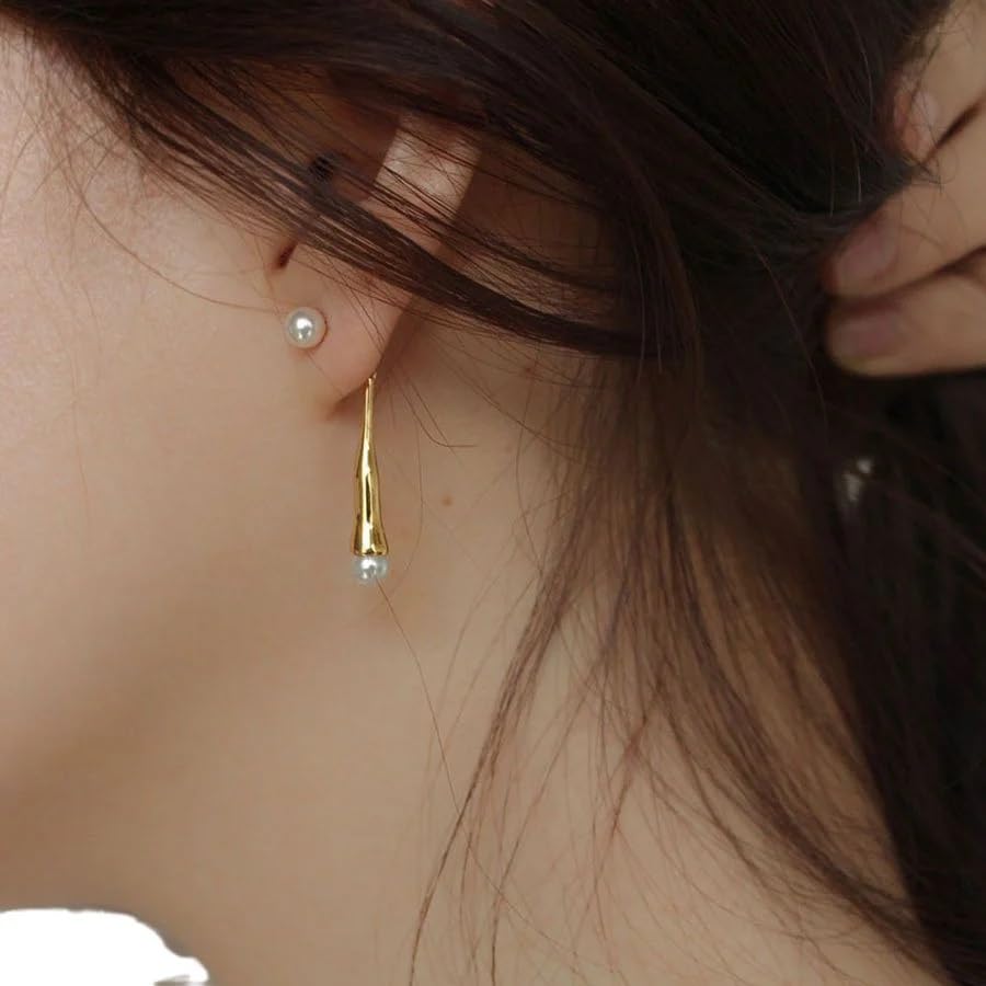 El Regalo 1 Pair Front Back Western Pearls Earrings- Elegant Pearl Drop Earring Temperamental Metal Long Sticks Dangle Earrings (Gold)