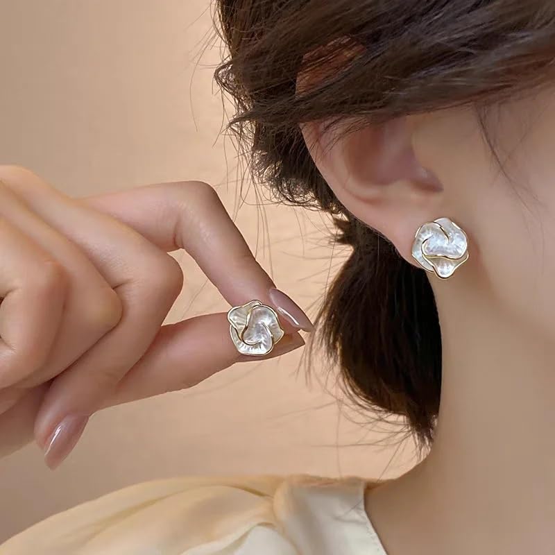 El Regalo Enamel Flower Studs Earrings for Women/Girls- Elegant White Camellia Floral Stud Earrings