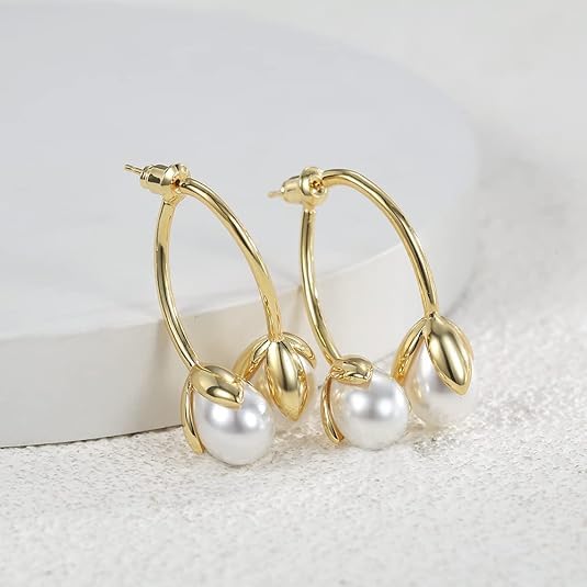 El Regalo Front Back Petals Pearls Stud Earrings- Gorgeous Gold Plated Pearl Drop Bud Earrings for Girls & Women