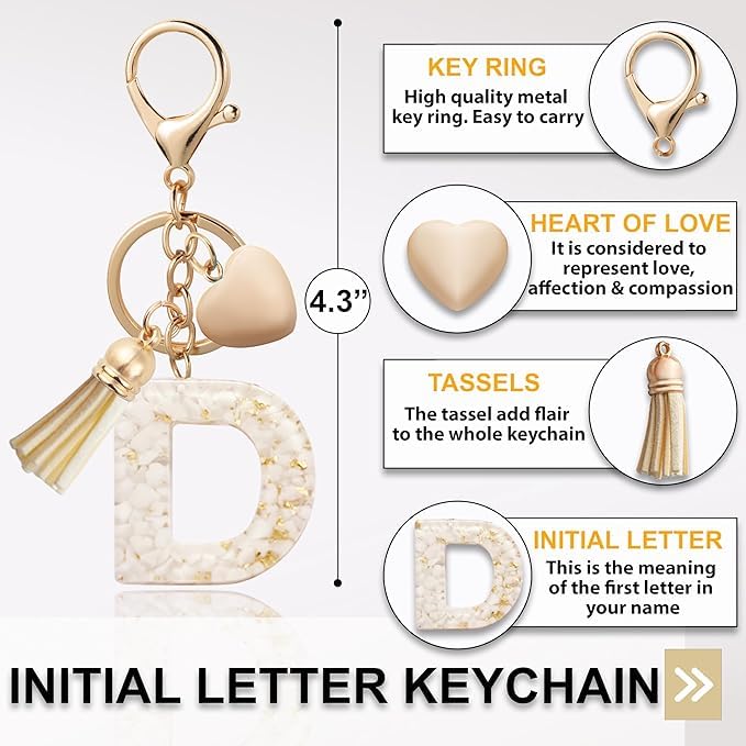 El Regalo Name Initials Letter Heart Charm Keychain - Personalized Resin Initial Keyring with Tassel, Cute & Durable Backpack Charm for Women & Girls (D Letter)