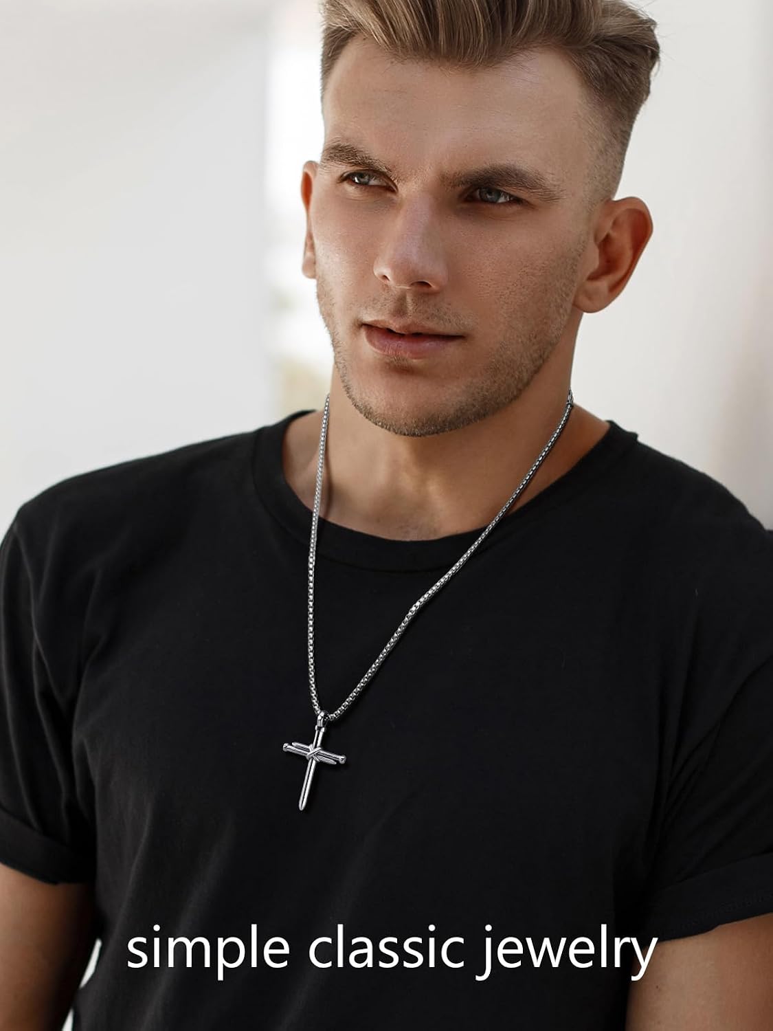 PIYIZ Cross Chain for Men Stainless Steel Nail Cross Pendant Necklace Teens Silver Christian Jewelry Jesus Cross Necklace 22""+2 Inch Extender, Medium, PIYN23007G