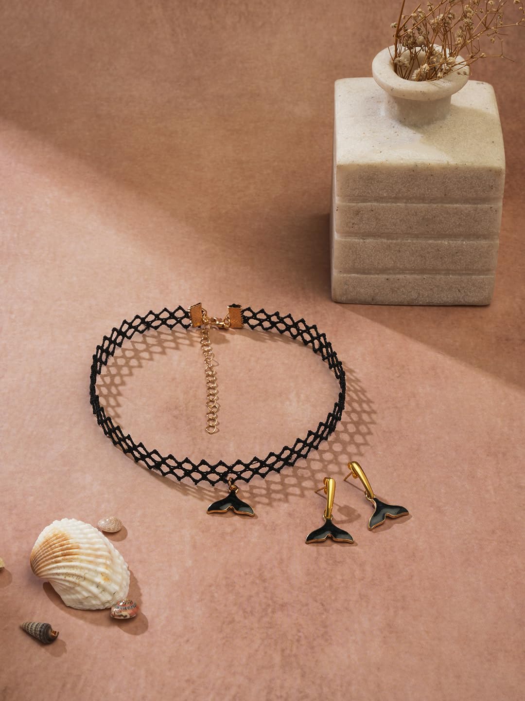 El Regalo Cute & Fancy Mermaid Charms Choker Necklace & Earrings Set for Kids, Girls, Teens, Women - Beautiful Mermaid Tail Charm Collarbone Choker with Matching Earrings