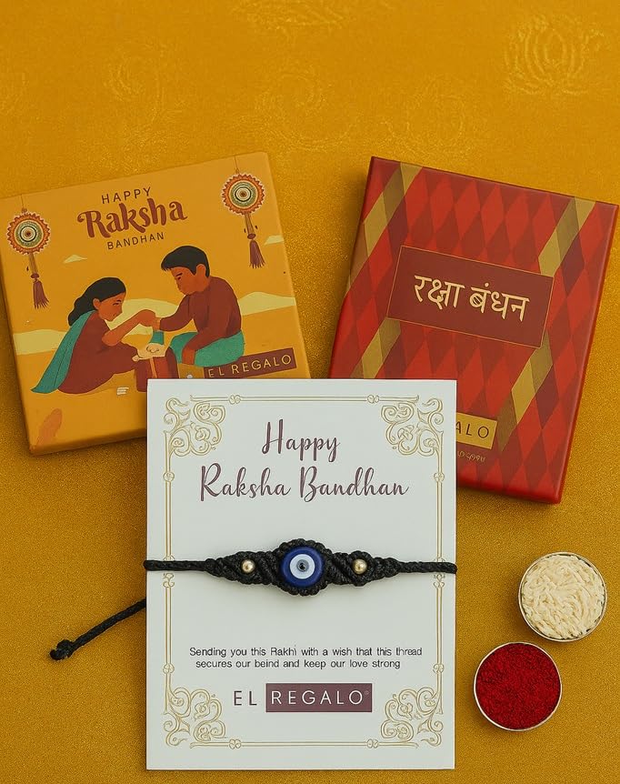 El Regalo Evil Eye Rakhi for Brother - Handmade Nazar Bracelet with Raksha Bandhan Card & Roli Chawal in Box | Designer Protection Bracelet Rakhi for Men, Boys (Black)