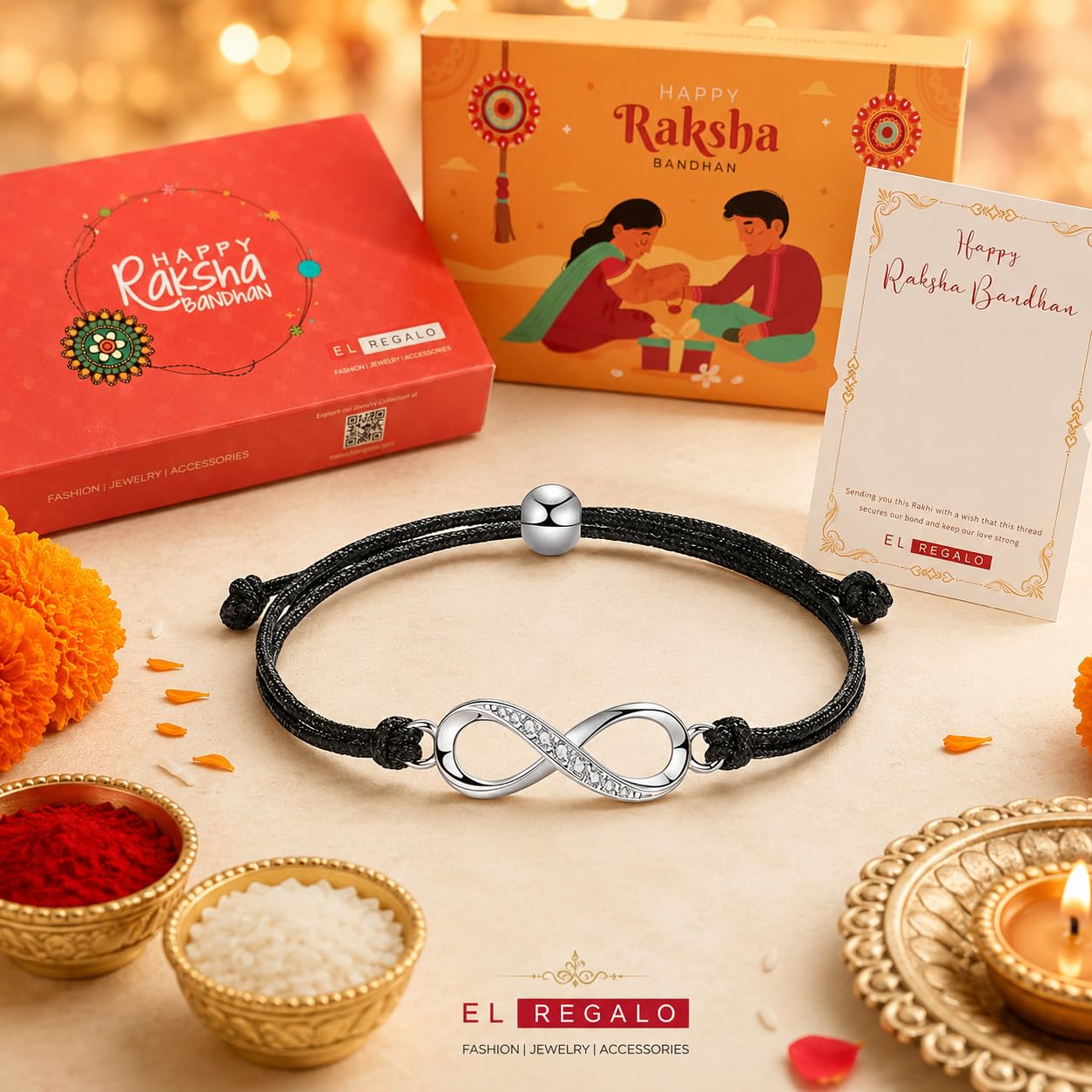 El Regalo 925 Silver Plated CZ Infinity Charm Rakhi for Brother - Elegant Bracelet Rakhi with Roli Chawal, Message Card & Rakshabandhan Box