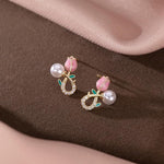 El Regalo Cute Tiny Pink Tulip Flower Bud Stud Earrings for Girls & Women (Tulip Bud with Pearl)