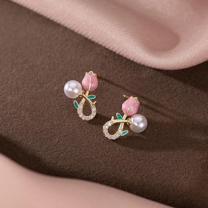 El Regalo Cute Tiny Pink Tulip Flower Bud Stud Earrings for Girls & Women (Tulip Bud with Pearl)