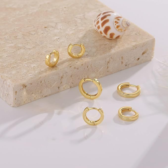 El Regalo 18K Gold Plated Anti-Tarnish Stainless Steel Huggie Hoop Earrings Combo - Set of 3 Pairs | Waterproof Minimalist Baali for Women & Girls | Cartilage & Second Piercing Jewelry
