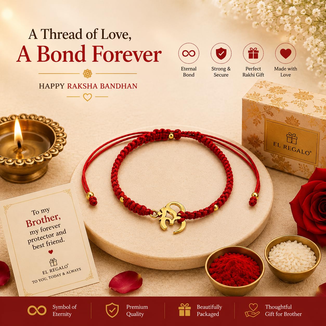 El Regalo OM Rakhi for Brother- Red Thread AUM Bracelet Rakhi for Bhai with Box & Roli Chawal (Gold OM)