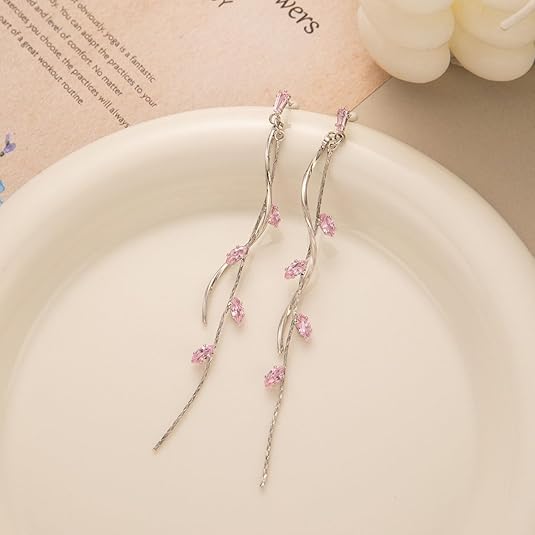 El Regalo Long Copper Zirconia Rhinestone Leaf Drop Dangle Earrings for Women | Korean Style Vine Fringe Earrings | Classy Party, Wedding & Casual Earrings Jewelry (Pink Silver)