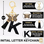 El Regalo Personalized Name Initials Butterfly Charm Keychain - Name Letter Keyring with Black & Golden Tassel & Butterfly Pendant, Purse, Bag, Backpack Accessory (K Letter)