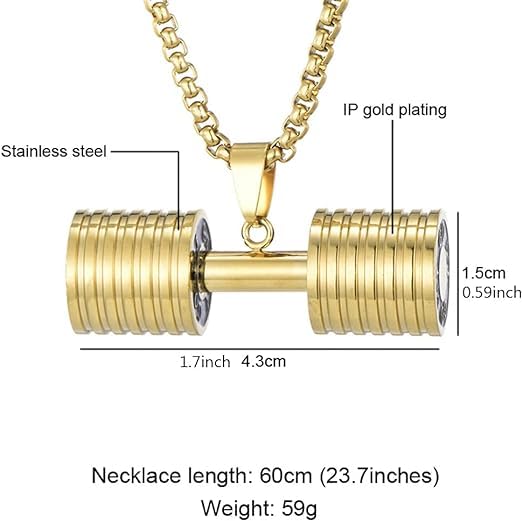 El Regalo Stainless Steel Gym Fitness Dumbbell Pendant Necklace for Boys/Men- Go Fit Motivational Fitness Sports Jewelry for Gym Lovers (Gold)