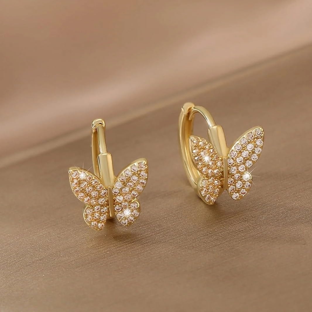 El Regalo Cubic Zirconia Butterfly Huggie Hoop Earrings - 14K Gold Plated Small Hoops for Girls, Teens & Women | Hypoallergenic Tiny Butterfly Earrings