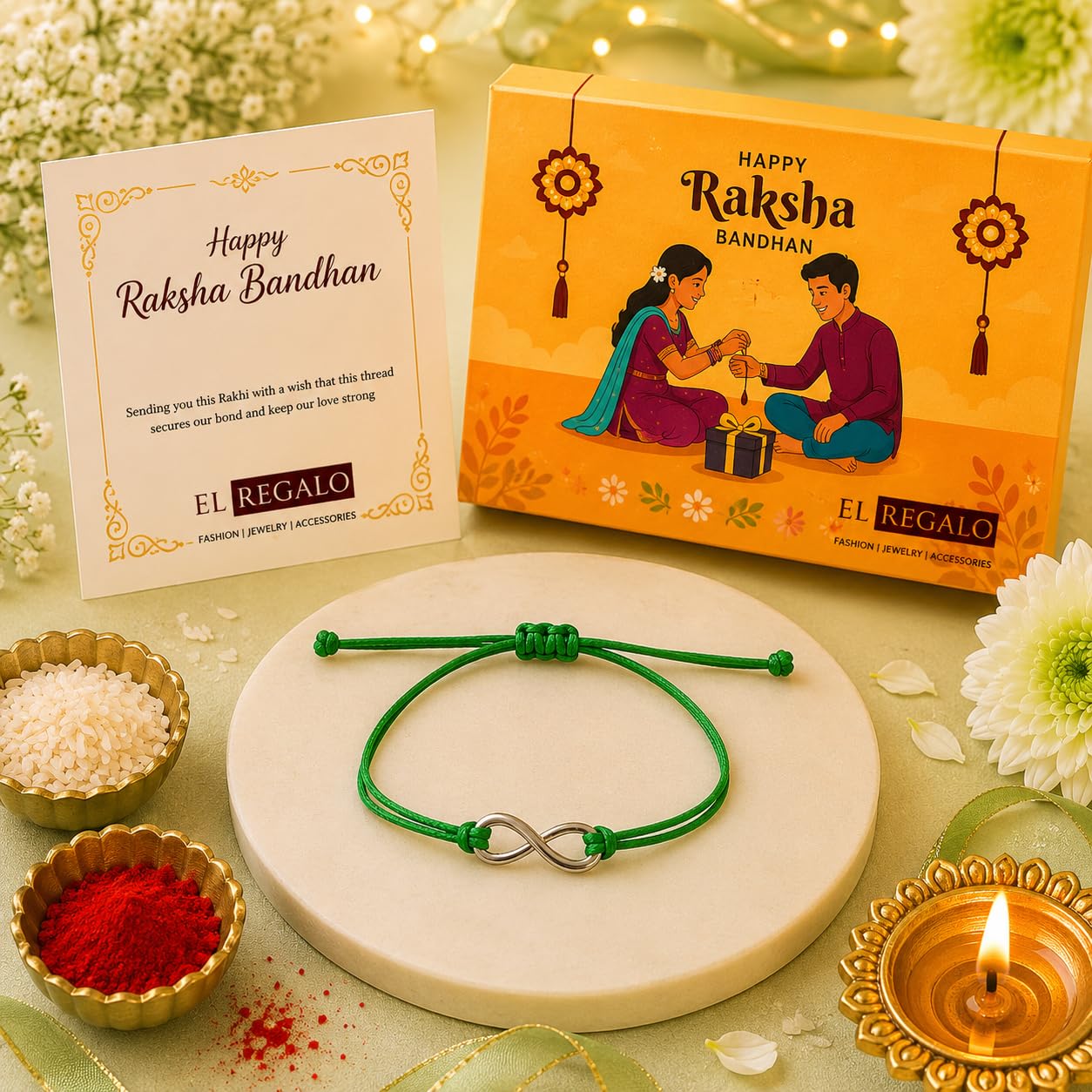 El Regalo 1PC Minimalist Infinity Rakhi for Brother- Simple Infinity Rakhi with Roli Chawal, Rakhi Message Card in Rakhi Gift box for Brother (Green)