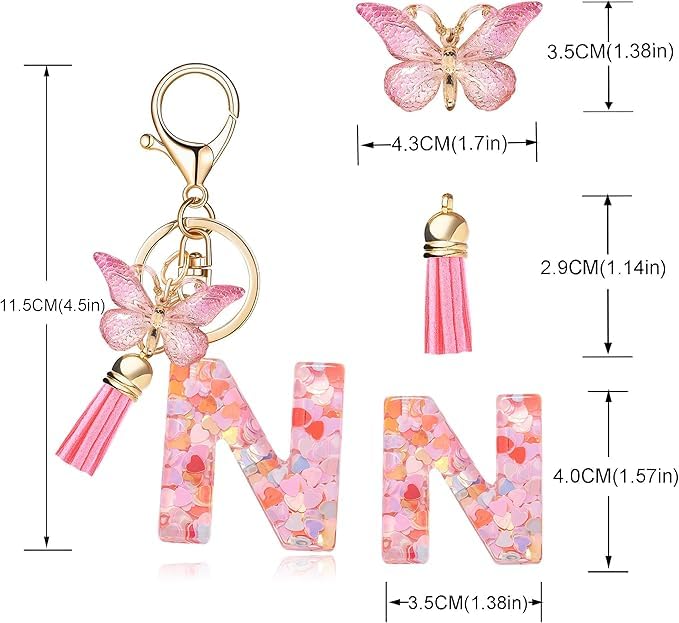 El Regalo Personalized Name Initials Butterfly Charm Keychain - Custom Letter Keyring with Pink Tassel & Butterfly Pendant, Purse, Bag, Backpack Accessory (N Letter)