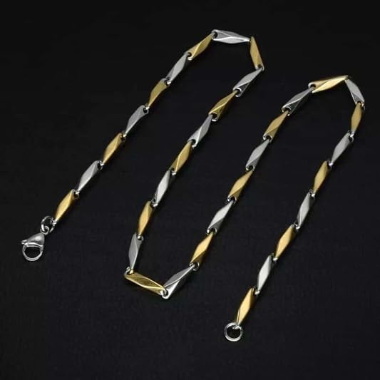 El Regalo Elegant Dual Tone Stainless Steel Unisex Rice Chain for Men & Women- Gold Silver Tone - Italian Dual Tone Rice Anti Tarnish/Waterproof Chain