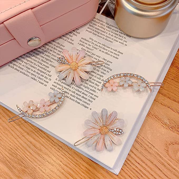 El Regalo 4 PCs Crystal Hair Clip Set for Kids/Girls/Women - Heart, Flowers & Moon Fancy Bridal Hair Accessories for Girls