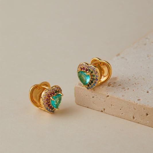 El Regalo 18K Gold Plated Heart Hoop Earrings for Women & Girls | Luxury Colorful Zircon Crystals Heart Hoops | Trendy Hoops Earrings (Emerald Green)
