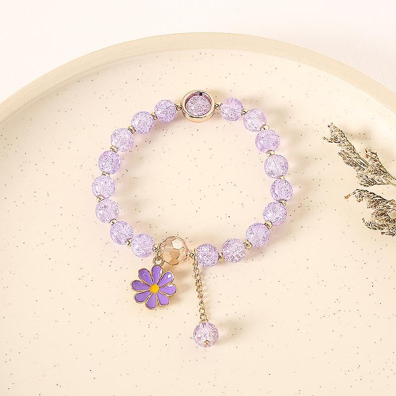El Regalo 1 PC Dailsy Flower Sparkly Crystal Beads Tassel Bracelet for Girls/Teens/Women- Cute Crackle Beads Daisy Flower Stretch Bracelet (Purple)
